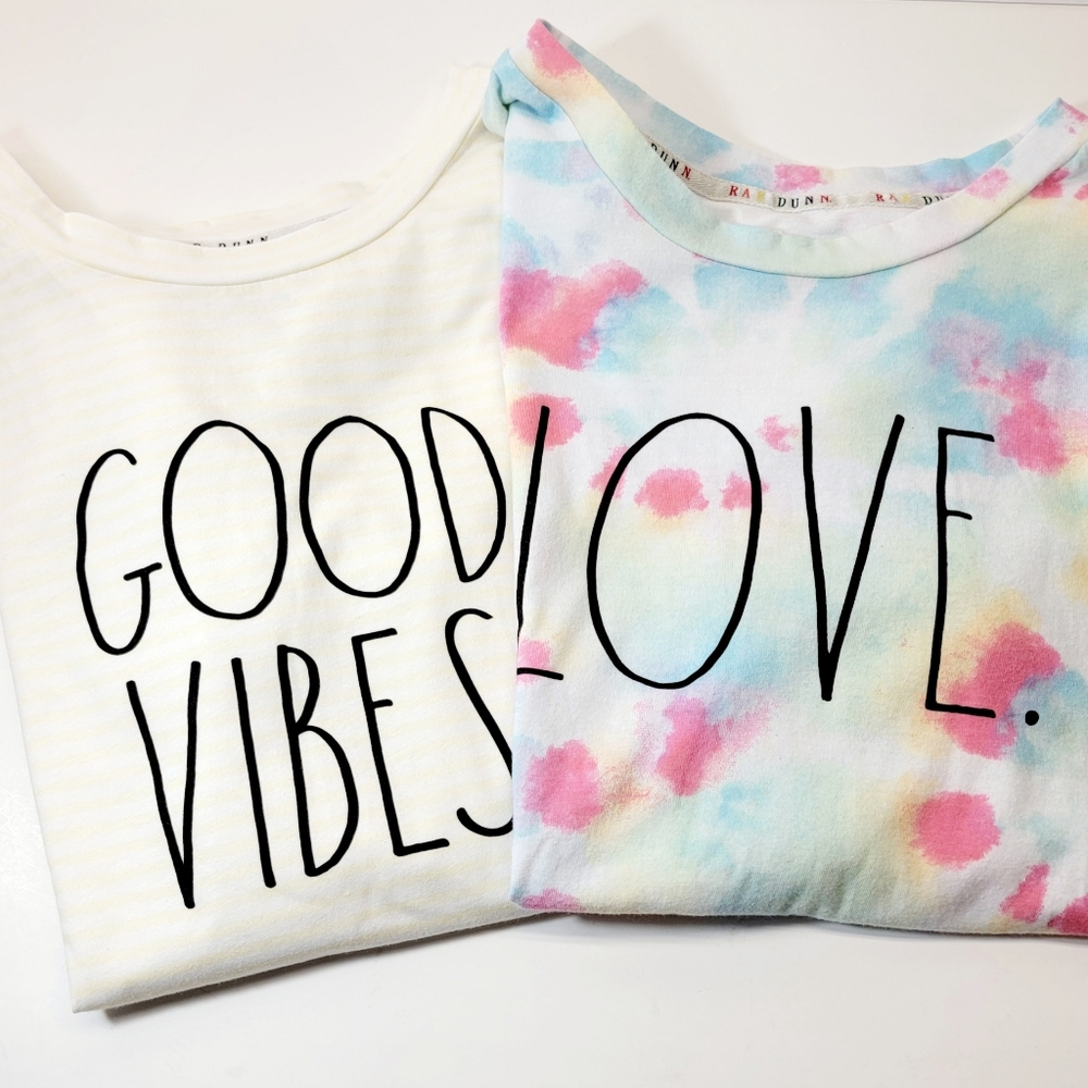 Two Cute Rae Dunn Tees Tie Dye, Love, Good Vibes Sz M